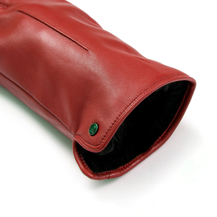 Women's touchscreen single-point faux fur lined leather gloves in berry open cuff