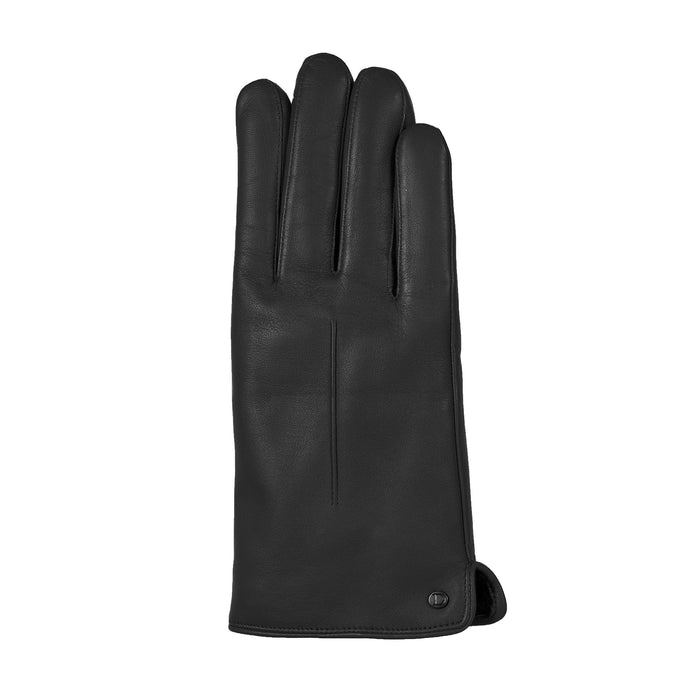 Women's touchscreen single-point faux fur lined leather gloves in black right hand