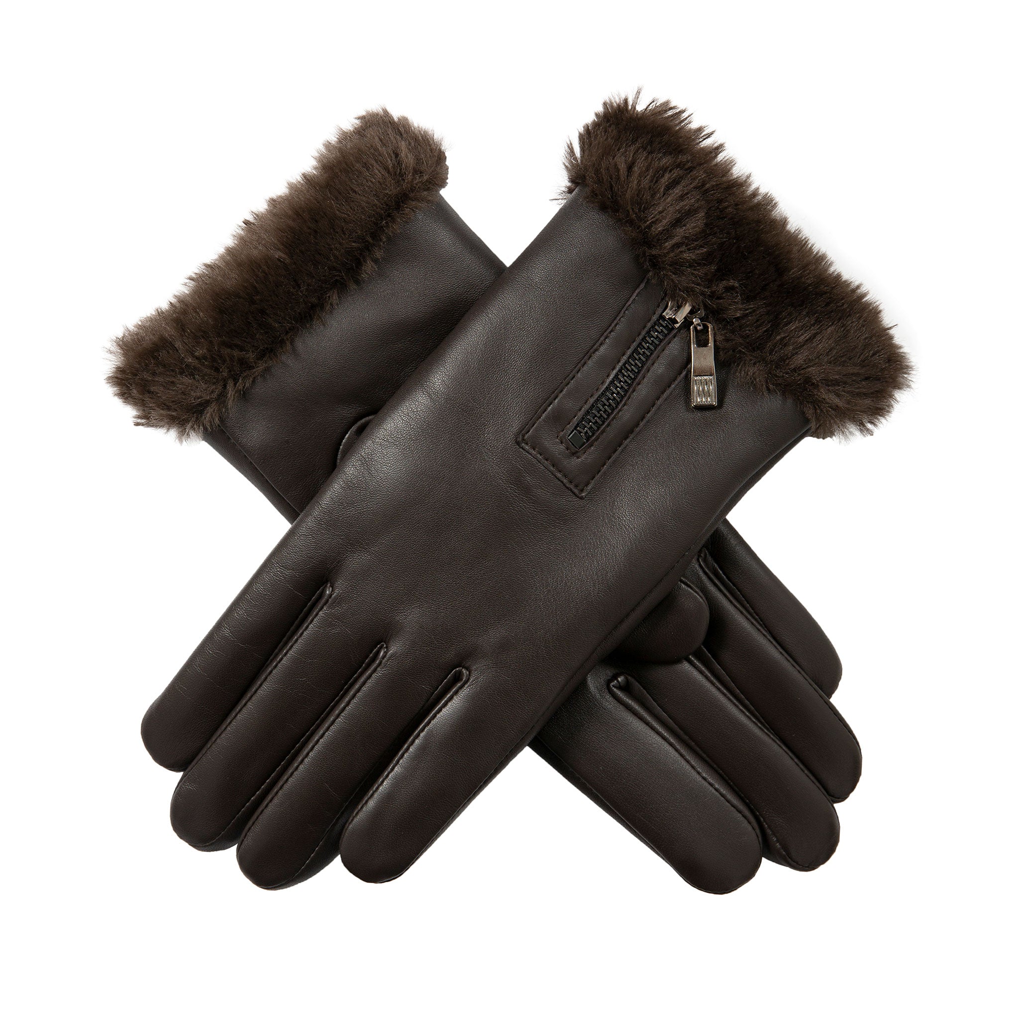 dents Women's Touchscreen Faux Fur-Lined Leather Gloves with Zip