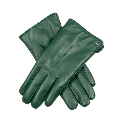 Women's touchscreen single point faux fur lined leather gloves in forest green