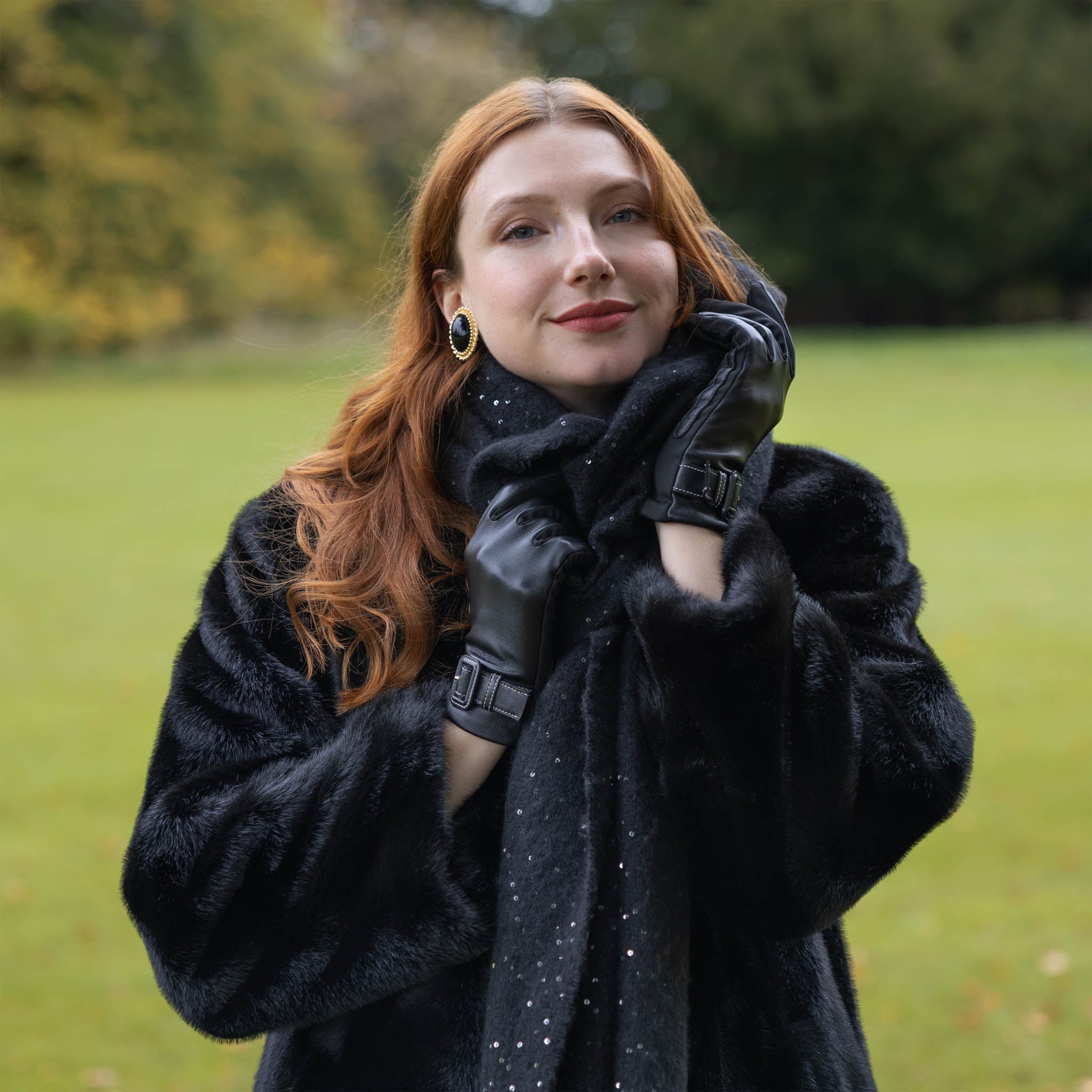 Women's Water-Resistant Faux Silk-Lined Leather and Fabric Gloves