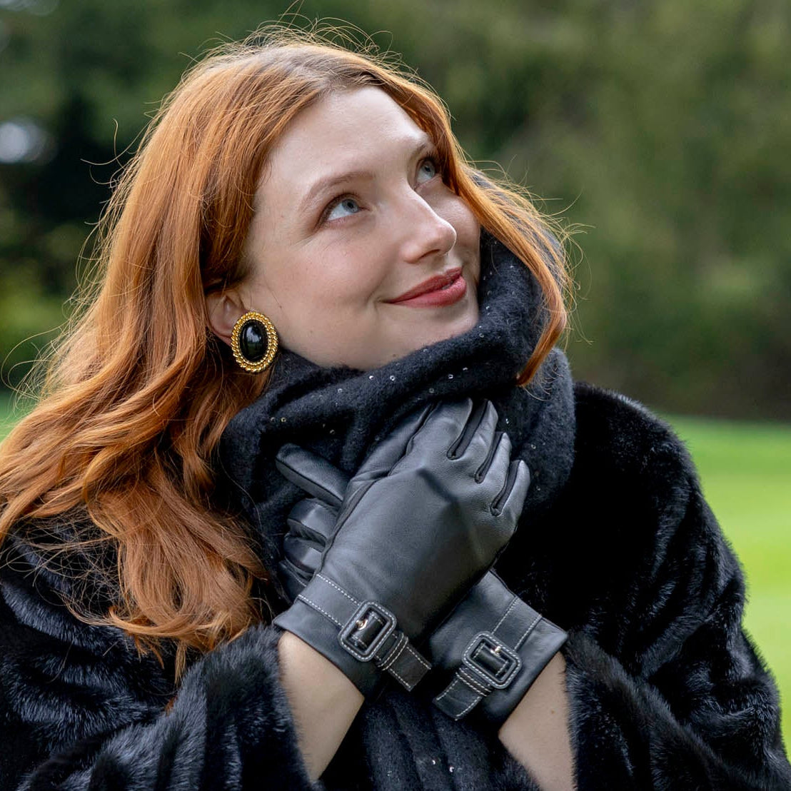 Women's Water-Resistant Faux Silk-Lined Leather and Fabric Gloves