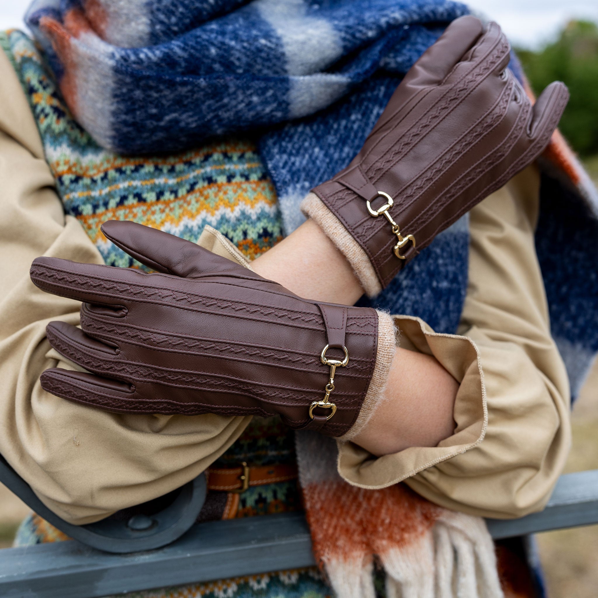 Women's Touchscreen Water-Resistant Wool Blend-Lined Leather Gloves with Snaffle and Stitch Detail, Chestnut / L Women's Touchscreen Water-Resistant Wool Blend-Lined Leather Gloves with Snaffle and Stitch Detail, Chestnut / L