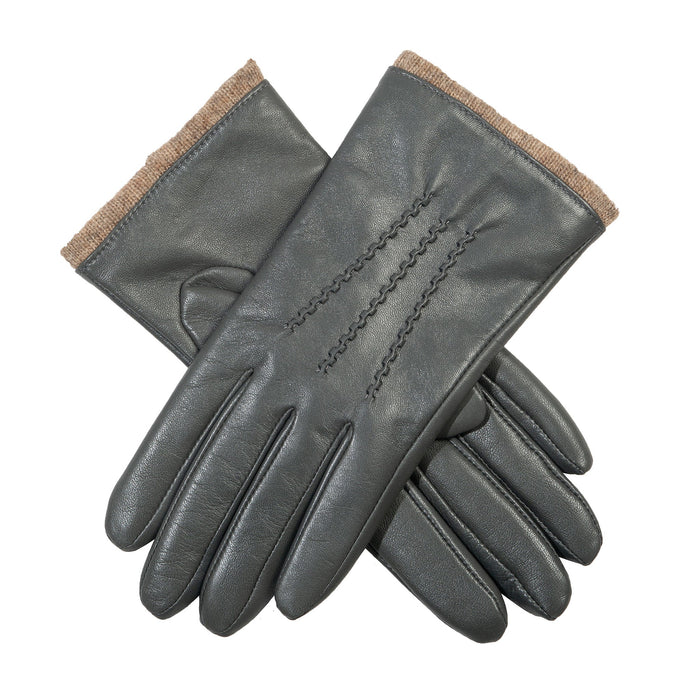 Women's Three-Point Wool Blend-Lined Leather Gloves with Knitted