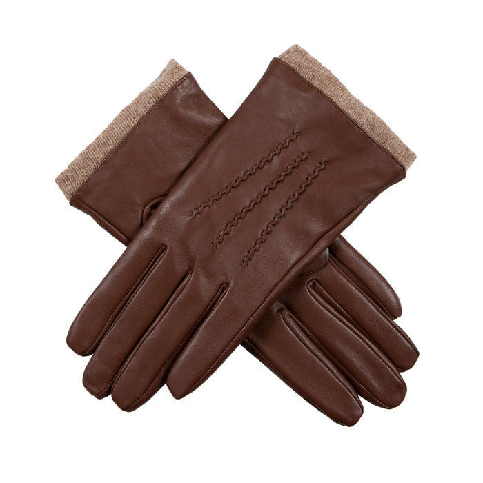 Women's Three-Point Wool Blend-Lined Leather Gloves with Knitted