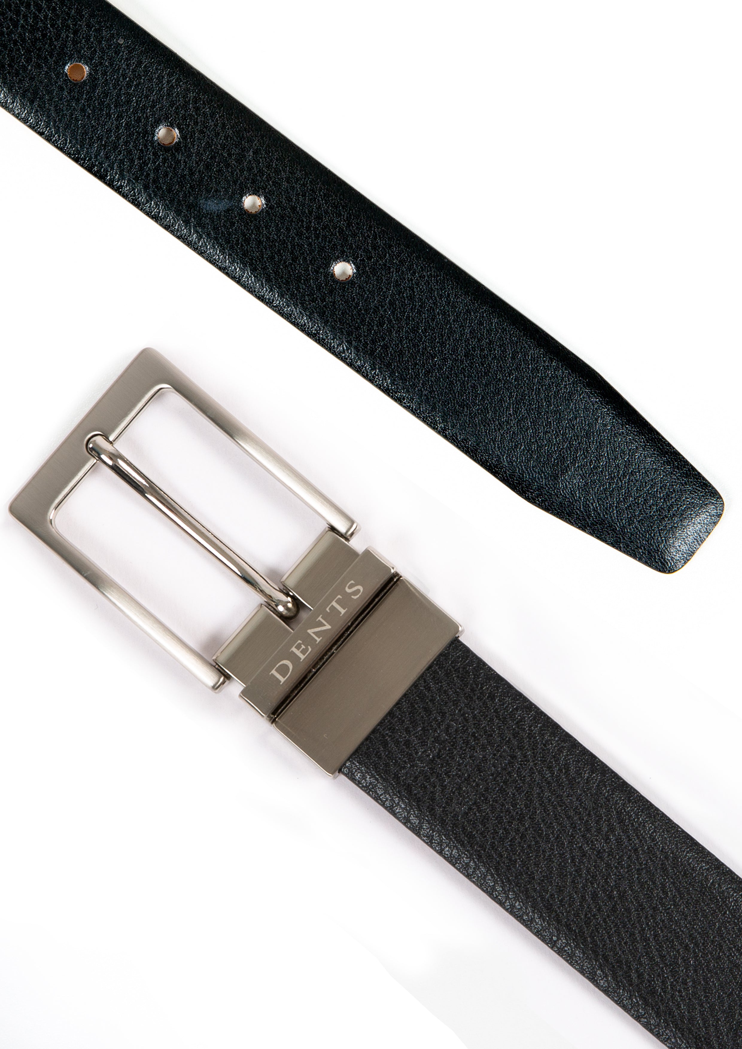 Grained leather silver buckle reversible belt