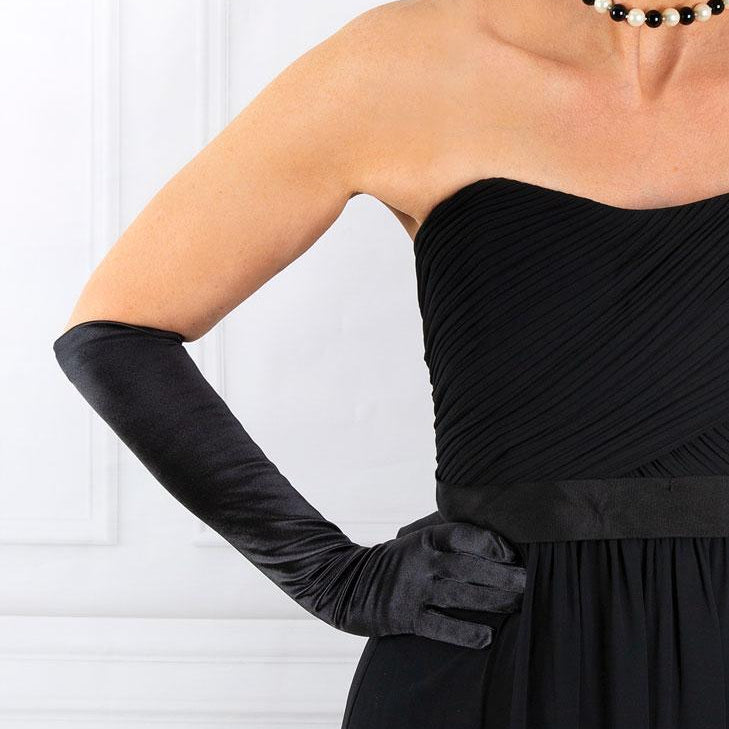 Women's Long Below-Elbow Satin Gloves with Buttons, Black / ONE Women's Long Below-Elbow Satin Gloves with Buttons, Black / ONE
