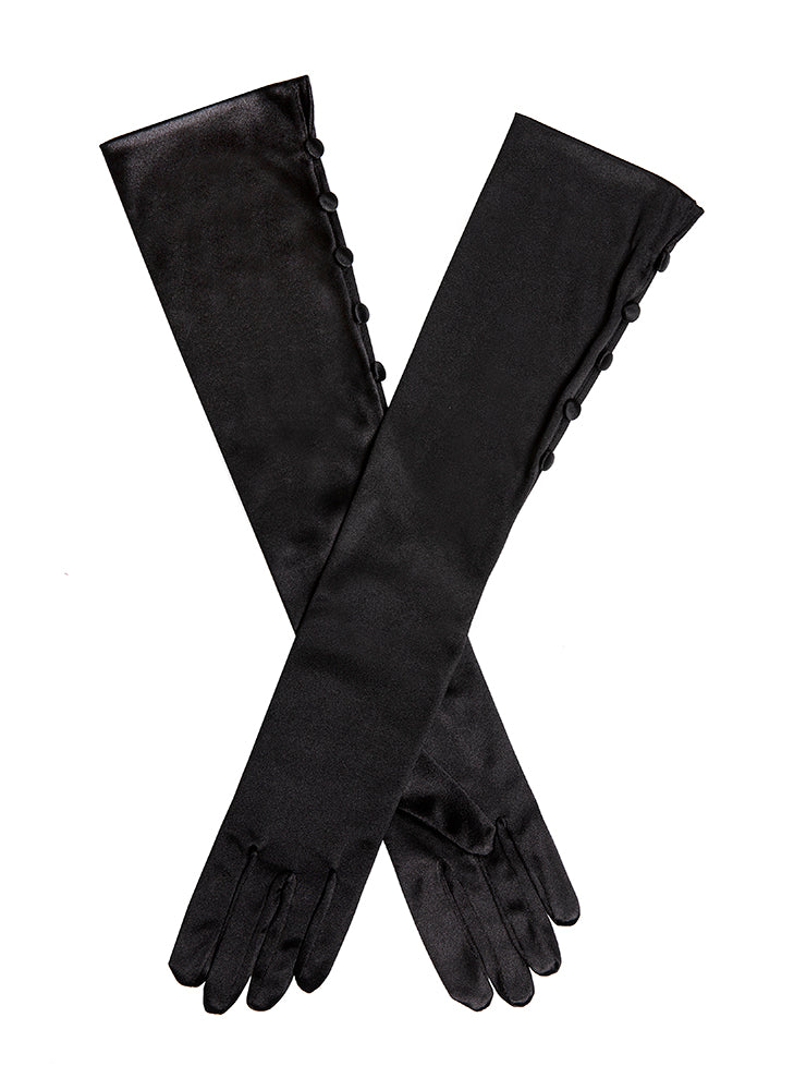 Women's Long Below-Elbow Satin Gloves with Buttons, Black / ONE Women's Long Below-Elbow Satin Gloves with Buttons, Black / ONE