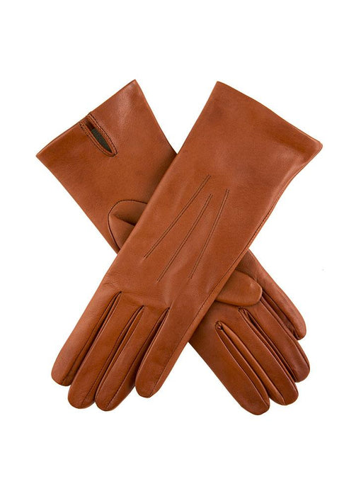 Women's Three-Point Silk-Lined Leather Gloves in cognac