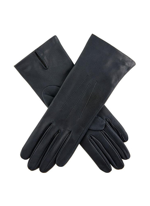 Women's Three-Point Silk-Lined Leather Gloves in navy
