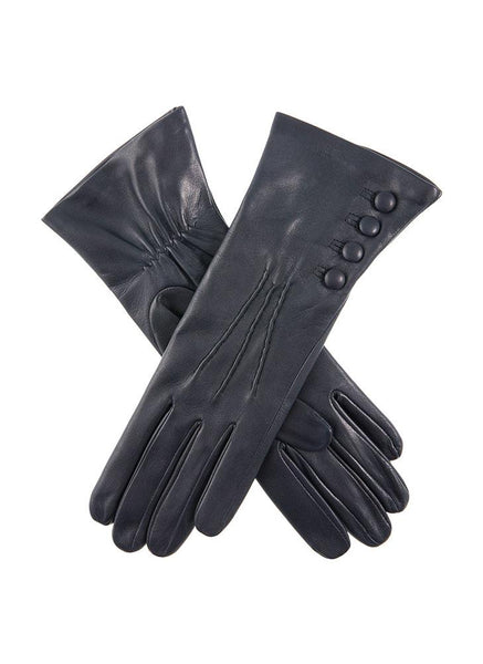 Women's Three-Point Silk-Lined Leather Gloves with Buttons