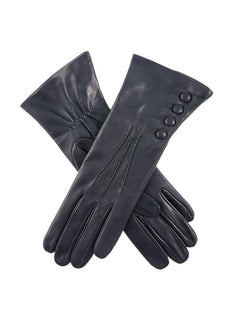 Women's Three-Point Silk-Lined Leather Gloves with Buttons