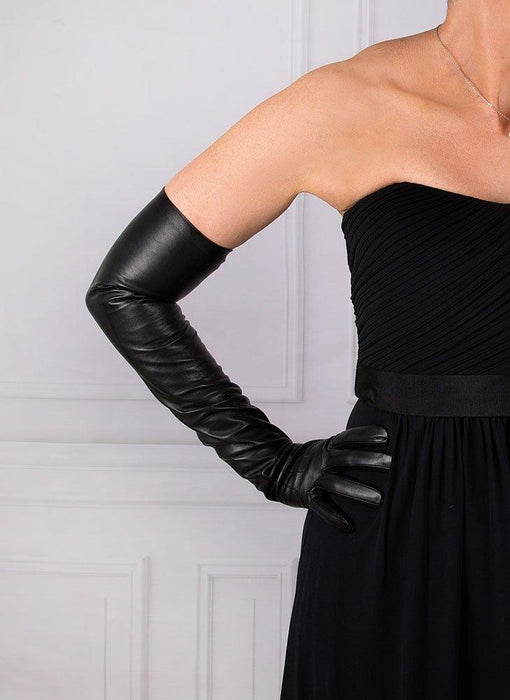 Woman wearing Women's Three-Point Long Opera Leather Gloves in Black
