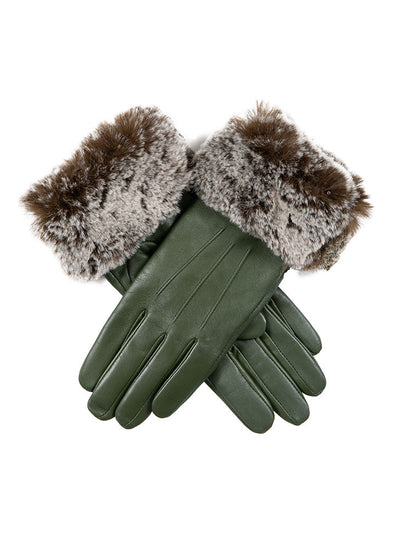 Women's touchscreen, three-point leather gloves with faux fur cuffs in green